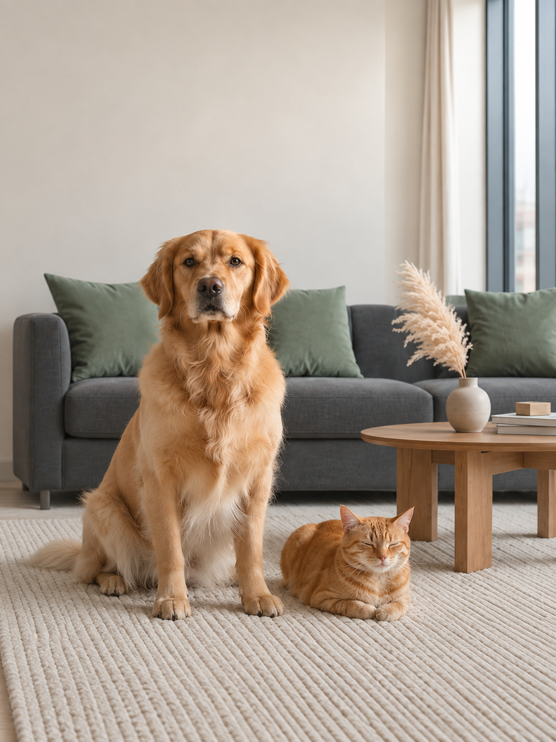 Golden retriever and orange tabby cat in a calm Shadique interior